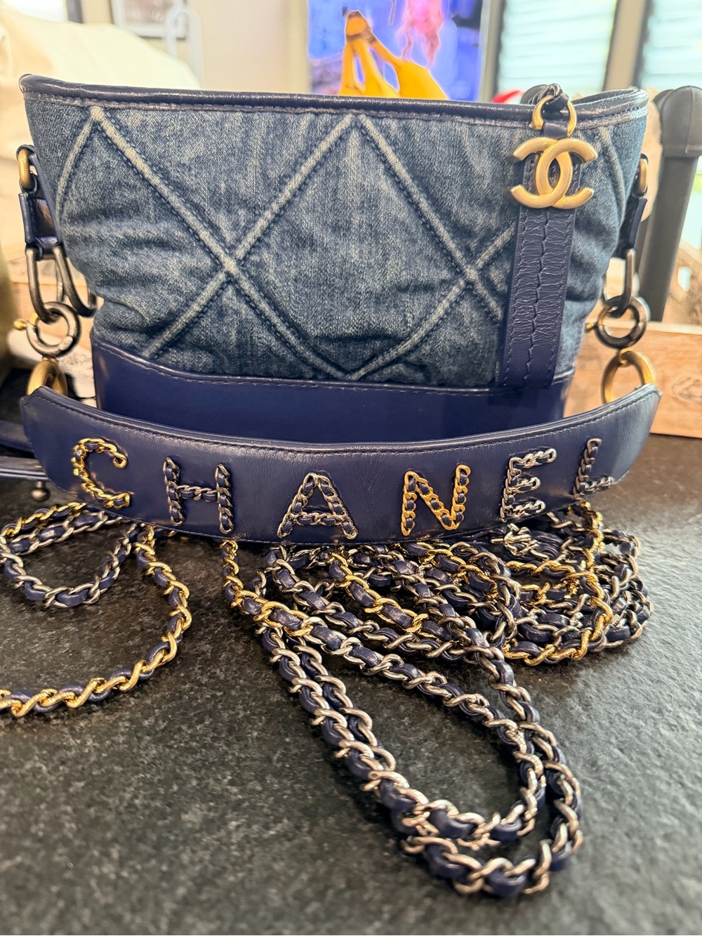 Chanel Gabrielle Quilted Denim and Leather Chain Crossbody or Shoulder Bag